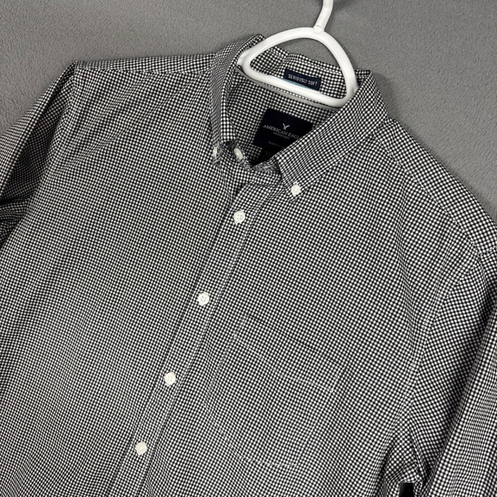 American Eagle Shirt Mens MT Black Gingham Seriously Soft Classic Button Down